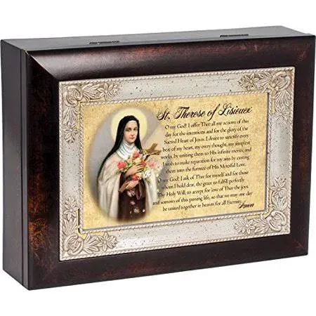 Cottage Garden St. Therese of Lisieux Dark Wood Finish Jewelry Music Box Plays Tune Ave Maria