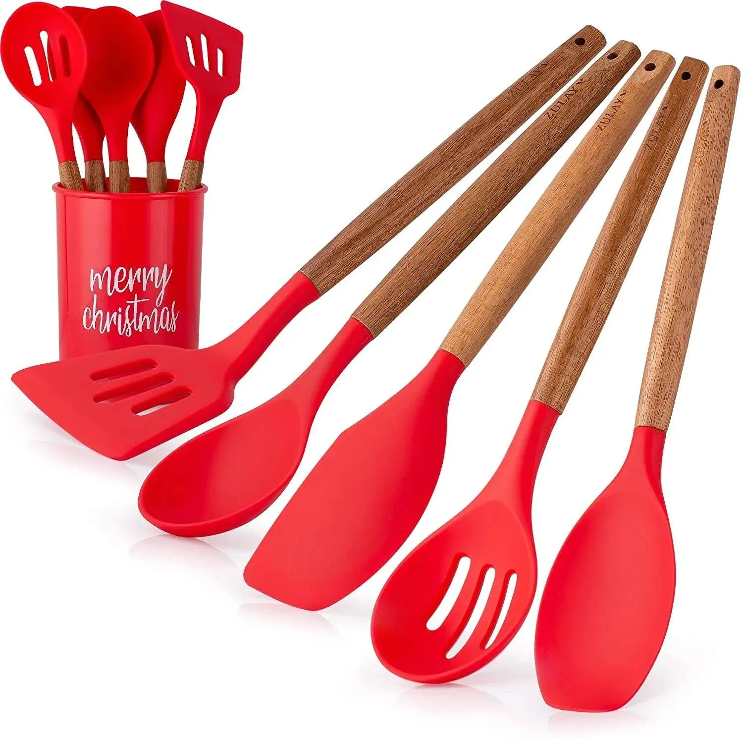 Christmas Silicone Spatula with Utensil Holder , Red/5 Piece Set