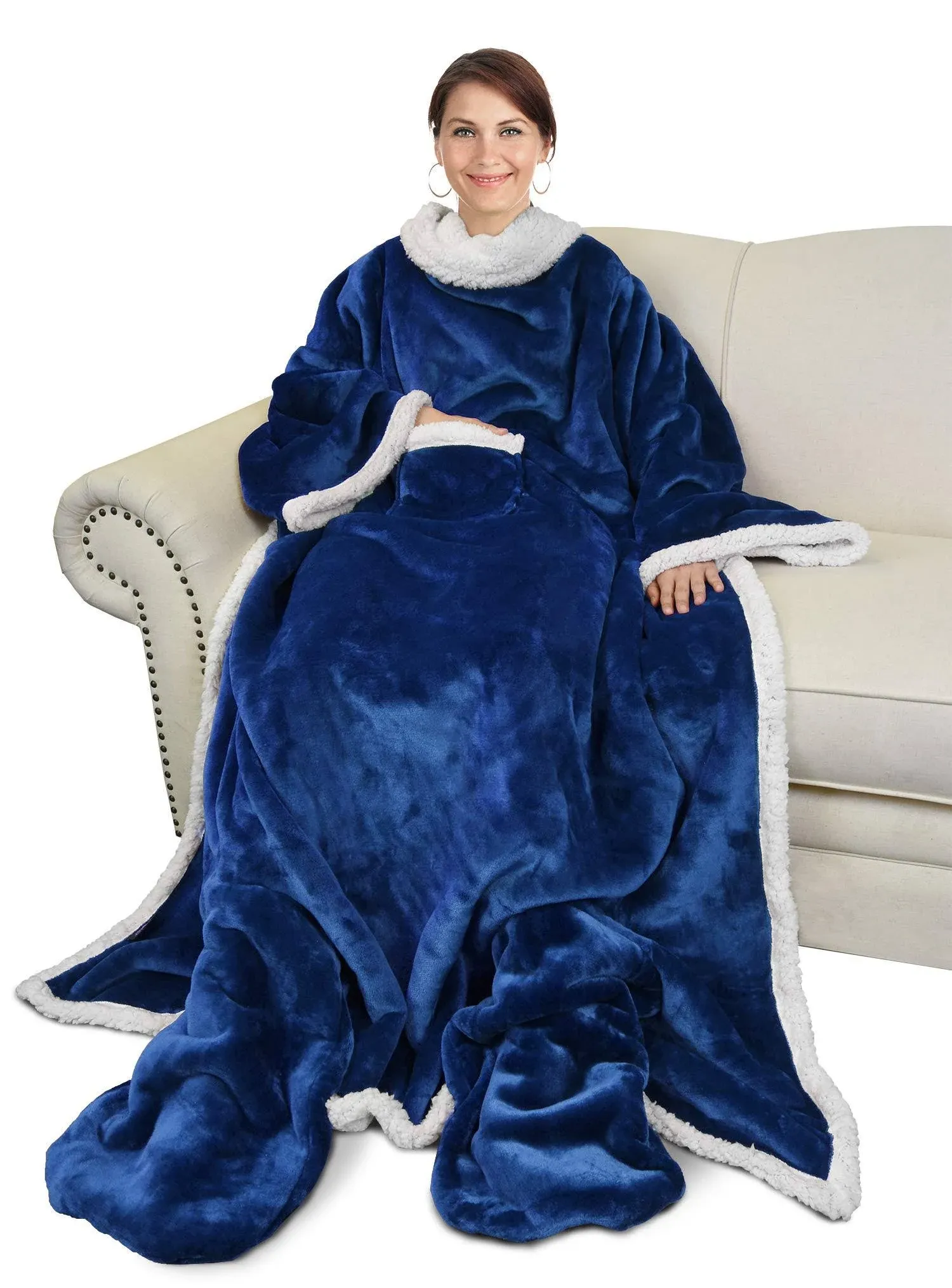 Catalonia Sherpa Wearable Blanket with Sleeves & Foot Pockets for Adult Women Men, Comfy Snuggle Wrap Sleeved Throw Blanket Robe, Gift Idea, Blue