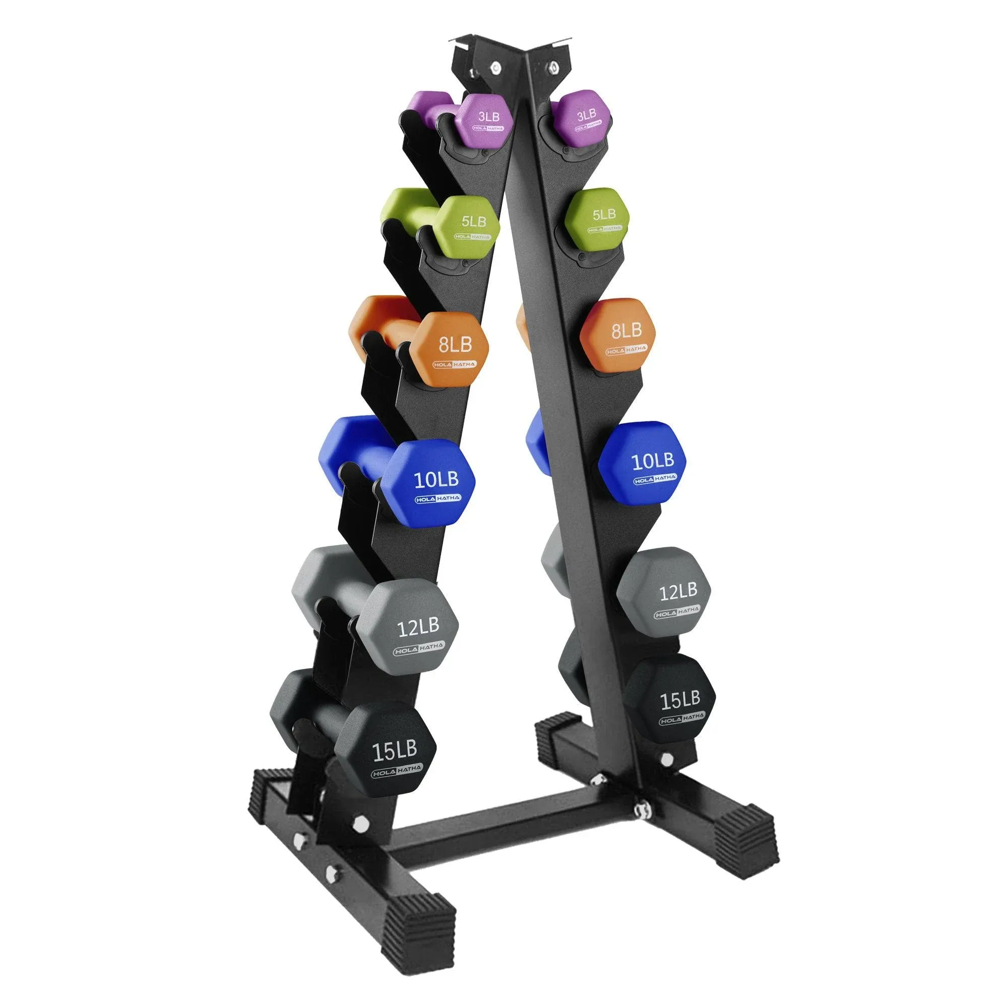 HolaHatha 3, 5, 8, 10, 12 &amp; 15 Pound Neoprene Hex Dumbbell Weight &amp; Storage Rack