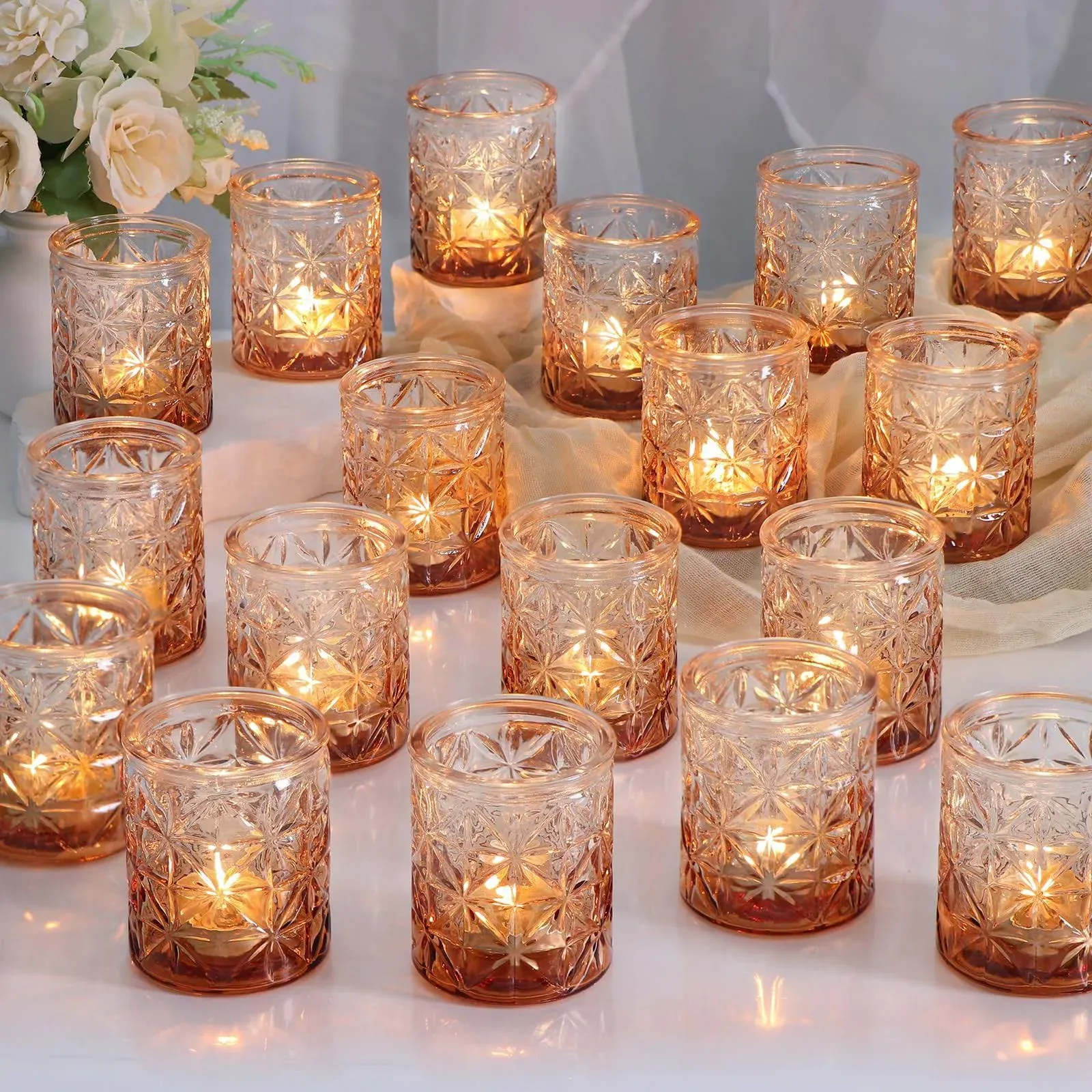 24pcs Votive Candle Holders, Amber Tea Light Candle Holder Glass, Christmas Candle Holder, Candle Holder for Table, Wedding Decor, Valentine's Day, Home Decor and Holiday Day Table Decor