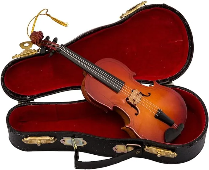 Intricate Wooden Violin with Lined Case Christmas Ornament