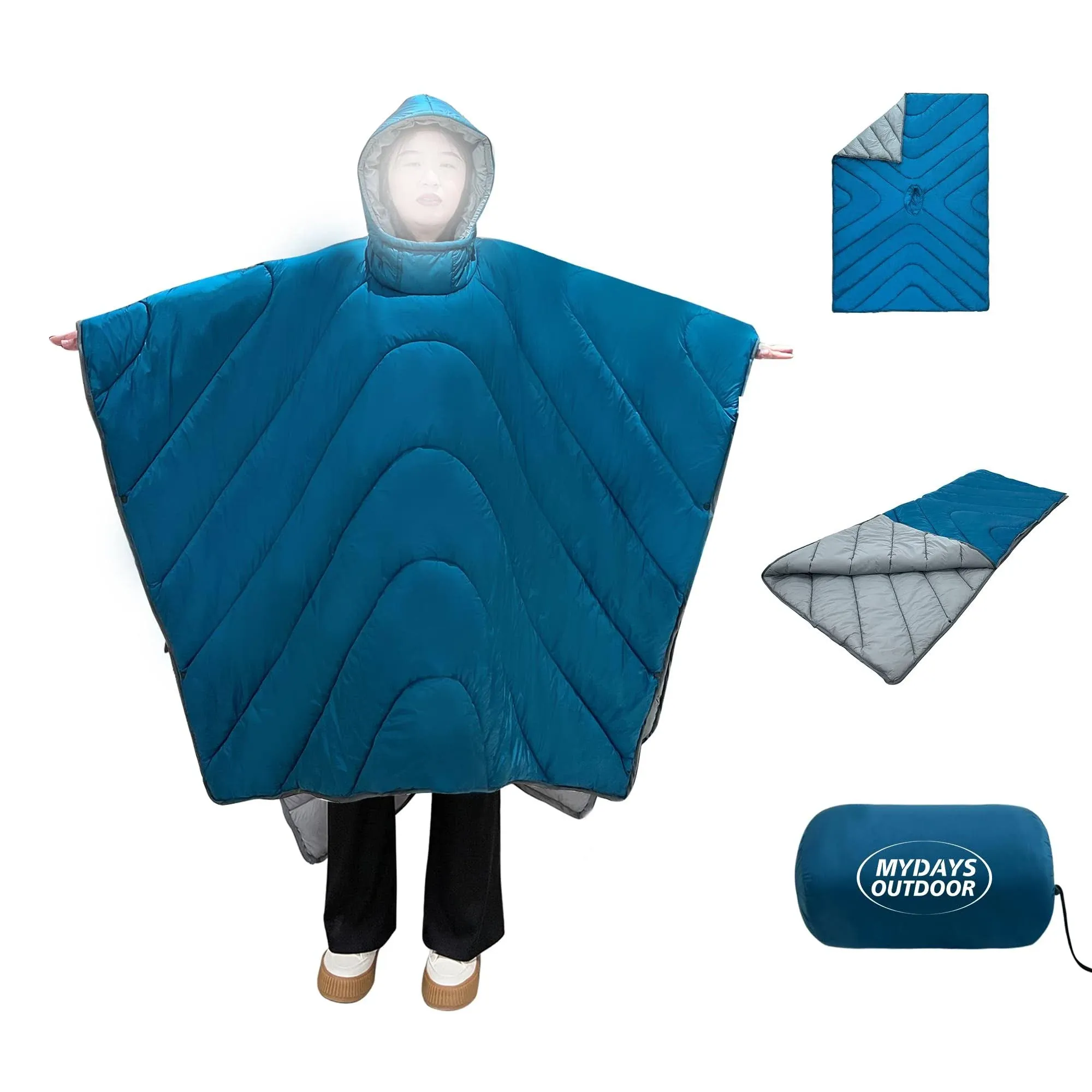 MYDAYS OUTDOOR Outdoor Camping Blanket, Waterproof Wearable Hooded Blue 