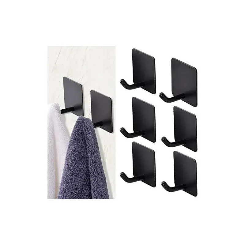 6 Pack Adhesive Hooks for Hanging Towel Hooks for Wall Heavy Duty Door Robe Hooks for Bathrooms Black