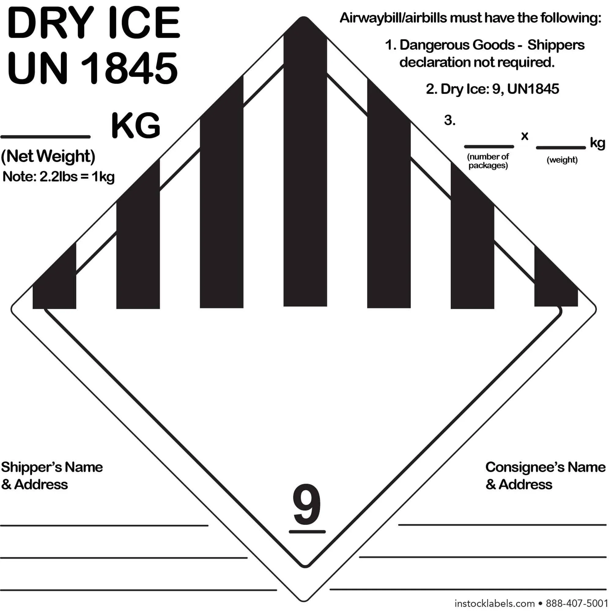 Dry Ice Shipping Labels Hazard Class 9 UN1845 6 x 6 Inch 500 Total Stickers