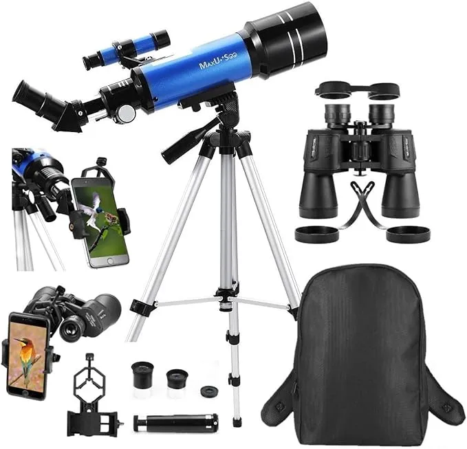 Travel Telescope with Backpack - 70mm Refractor Telescope & 10X50 HD Binoculars Bak4 Prism FMC Lens for Moon Viewing Bird Watching Sightseeing