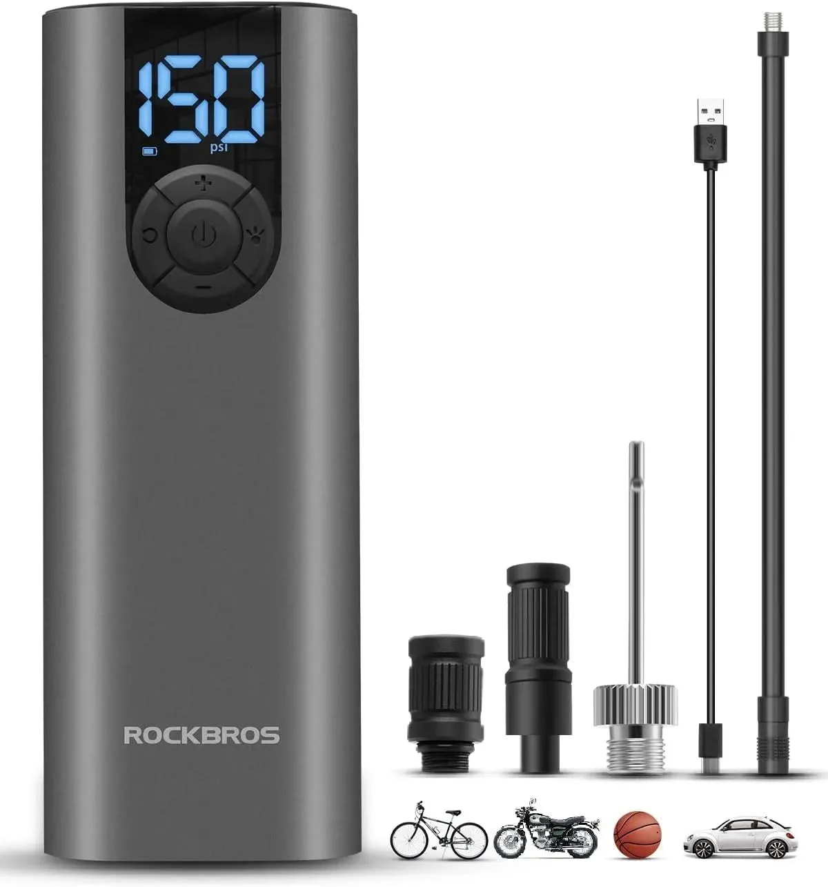 ROCKBROS Portable Air Pump 150psi Mini Electric Tire Pump Inflator 5 Modes Cordless Air Compressor with 2 * 2600 mAh Rechargeable Lithium Battery Bike