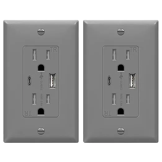 TOPGREENER 2-Port USB Outlet, Type C USB Wall Charger Outlet, 3.6A USB Electrical Outlet, 15 Amp TR Receptacle Plug, Charging Power Outlet with USB Ports, UL Listed, TU21536AC-GY-2PCS, Gray, 2 Pack