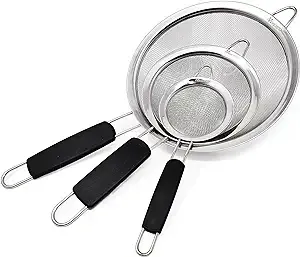 Makerstep Fine Mesh Strainer Set of 3, Stainless Steel 3.38", 5.5", 7.87" Strainers Wire Sieve Sifter with Insulated Handle Strainers for Kitchen Gadgets Tools Premium Colanders, Sifter