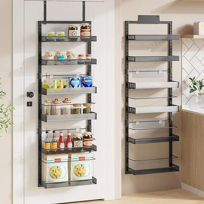 Over the Door Pantry Organizer, 6-Tier Large Wall Mounted Storage Spice Rack, 2 in 1 Heavy-Duty Metal Adjustable Hanging Baskets for Pantry, Bedroom, Bathroom, Living Room, Kitchen