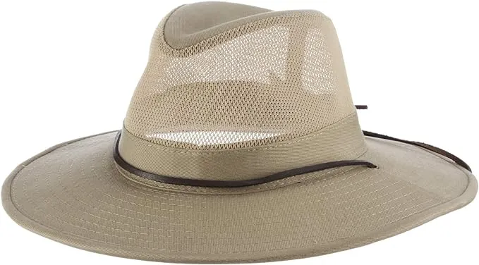 Dorfman Hat Co. Men's Brushed Twill-and-Mesh Safari Hat with Genuine Leather Trim