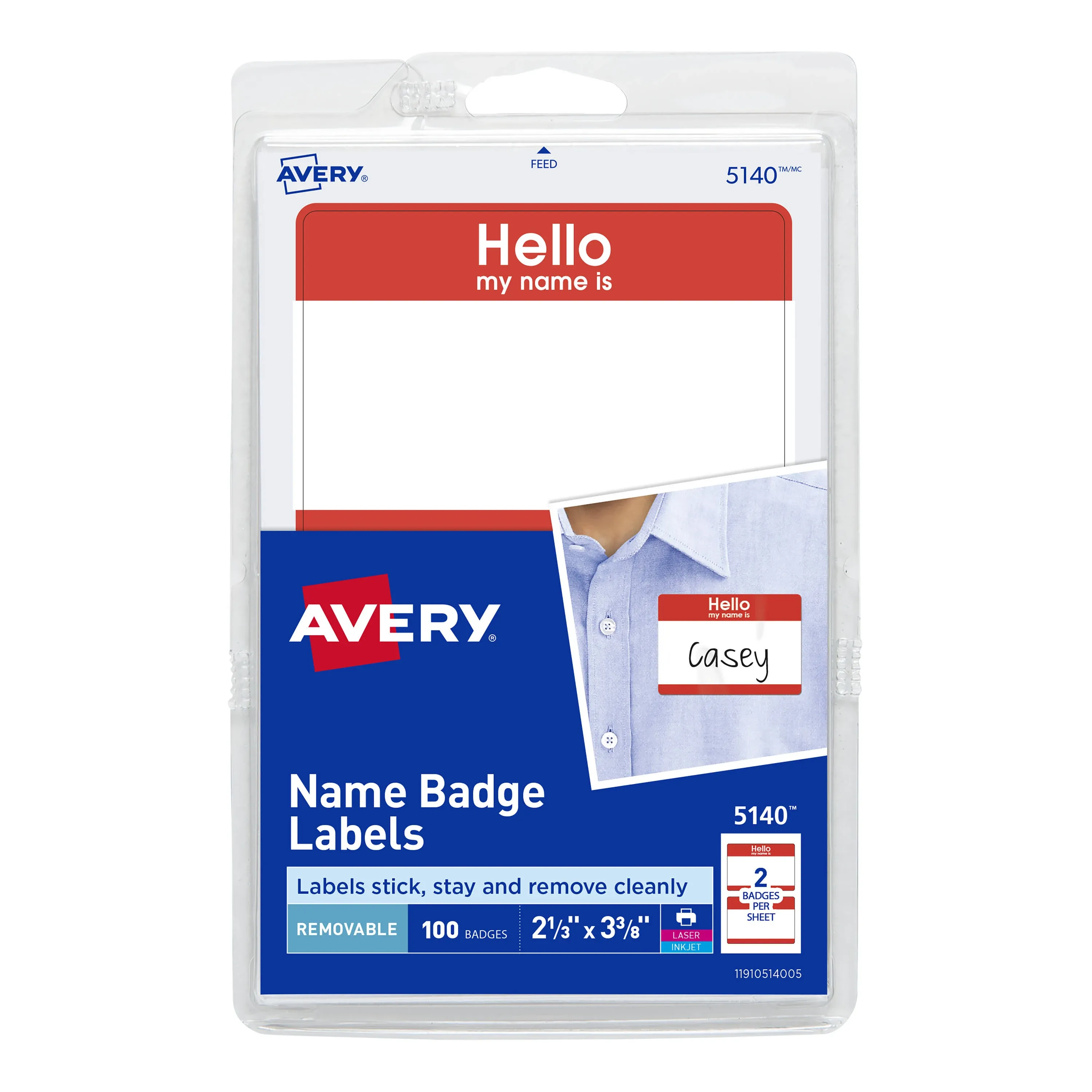 Avery Hello My Name is Name Tags, White with Red Border, 100 Removable Name Badges (05140)