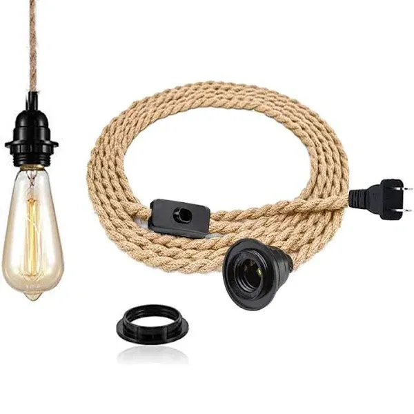 Pendant Light Kit with Switch - Easric Vintage Lamp Cord with 15FT Twisted Hemp ...