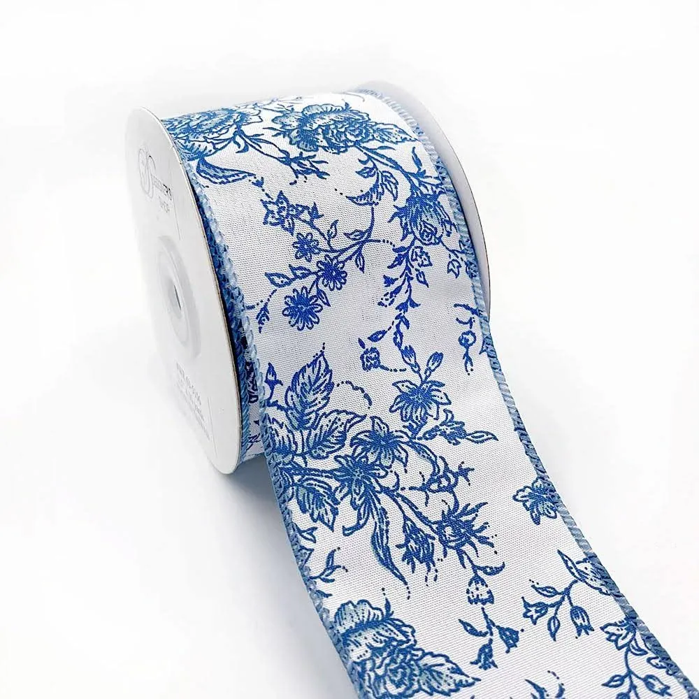 Designer’s Shop WR 63-5156 Blue Rose Floral on Cream Wired Edge Ribbon 2.5” x 10 ...