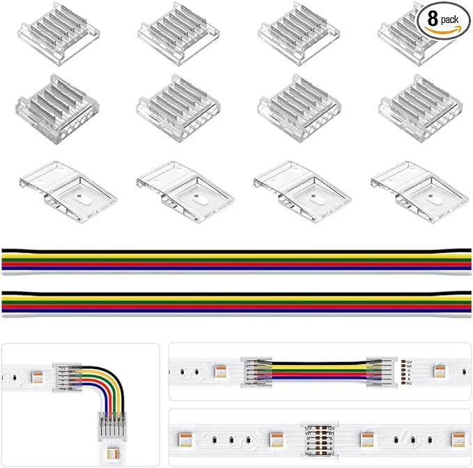 BTF-LIGHTING SMD 6 Pin 12mm 0.47in Width Transparent Connector Kit 8pcs Corner Connector 4pcs Gapless Solderless Connector 4pcs 5.9in Long 22AWG Extension Wires Support 5050 SMD RGBCCT LED Strip