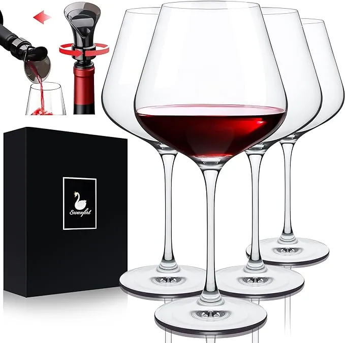 Swanfort Red Wine Glasses Set of 4, Extra Large Stemmed Wine Glasses 23 Oz, with Creative 2 in 1 Wine Stopper and Pourer, Burgundy Wine Glasses in Gift Box for Any Occasions