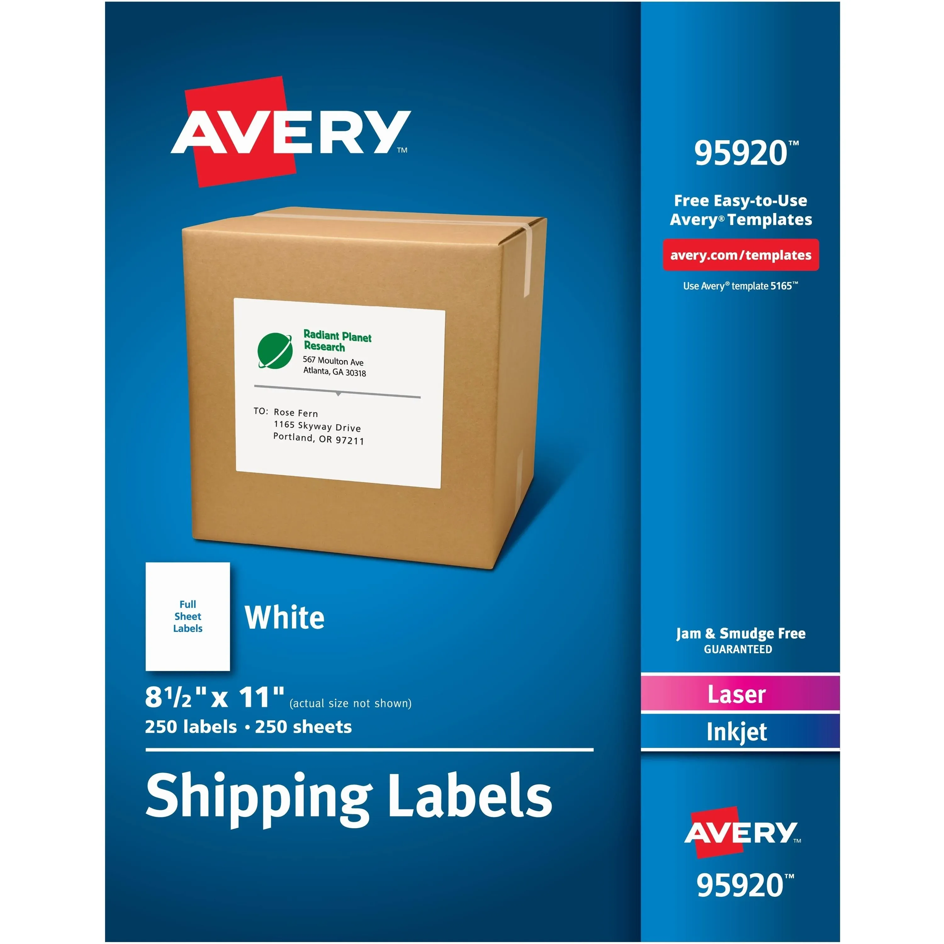 Avery Full Sheet Printable Shipping Labels, 8.5" x 11", White, 250 Blank Mailing Labels (95920)