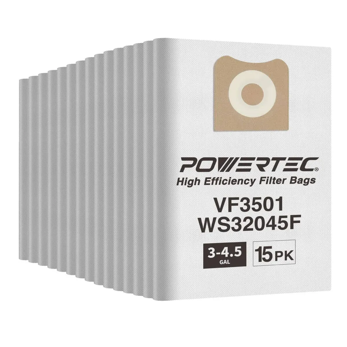 POWERTEC 75017-P3 15PK, VF3501 Filter Bags for Ridgid / Workshop WS32045F 3-4.5