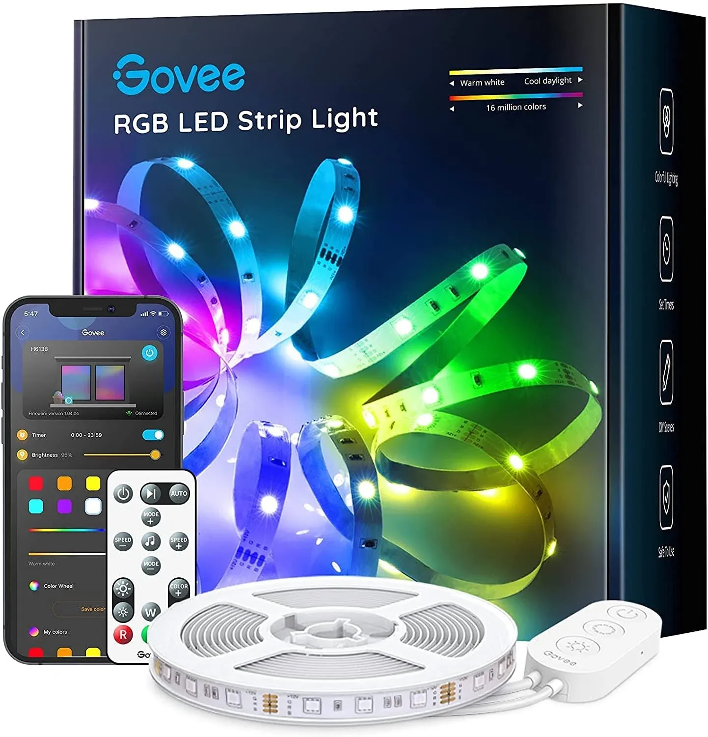 Govee 16.4ft Color Changing LED Strip Lights, Bluetooth LED Lights with App Control, Remote, Control Box, 64 Scenes and Music Sync Lights for Bedroom, Room, Kitchen, Party