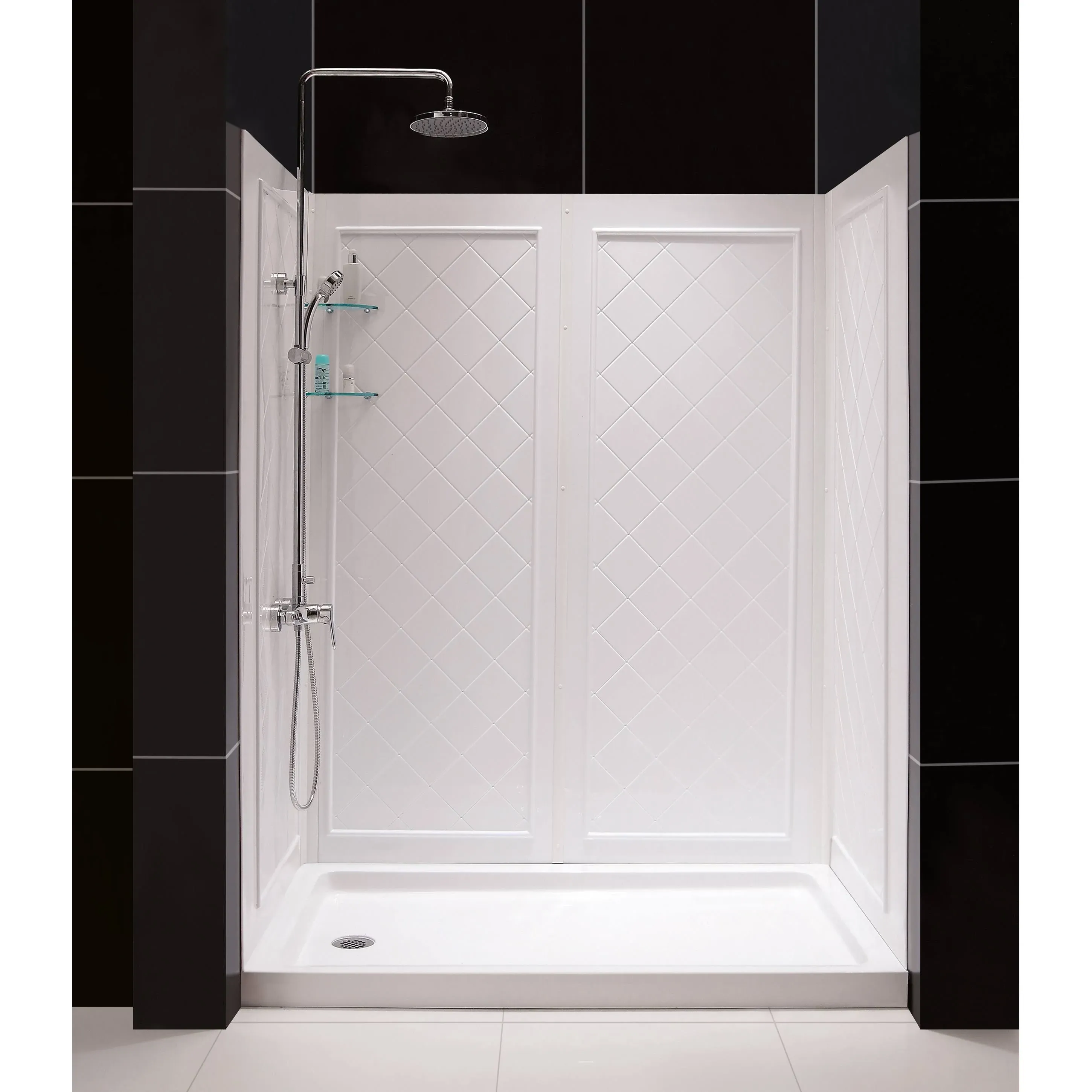 DreamLine Slimline 34" by 60" Single Threshold Shower Base Center Drain and QWALL-5 Shower Backwall Kit