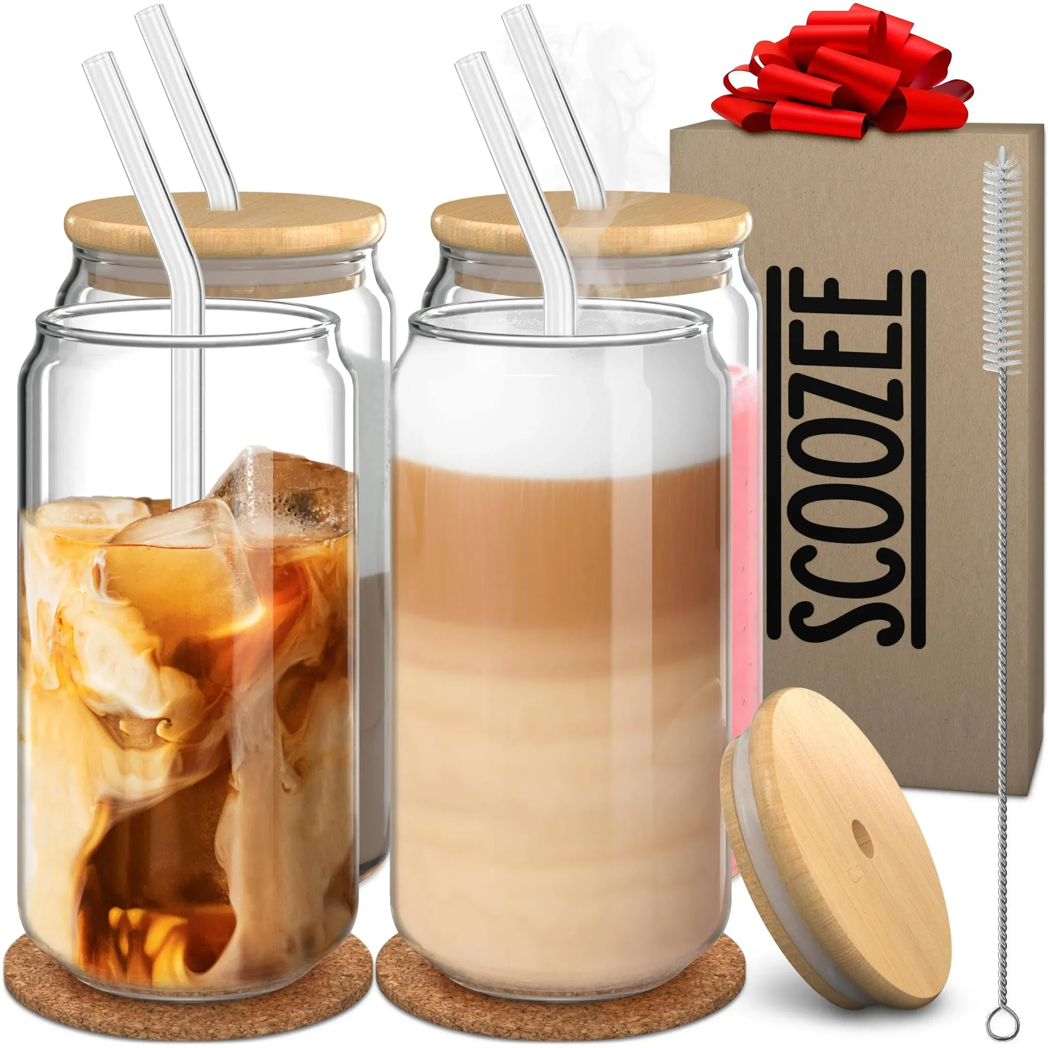 Scoozee Glass Cups with Bamboo Lids and Straws (18oz, Set of 4) Iced Coffee Cup ...