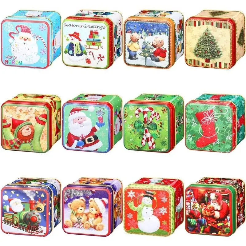 Sosation 12 Pcs Christmas Tins Square Xmas Cookie Boxes Large Candy Tinplate Tins with Lids Metal Cookie Containers for Storing Biscuits Tea Holiday Gifts, 12 styles