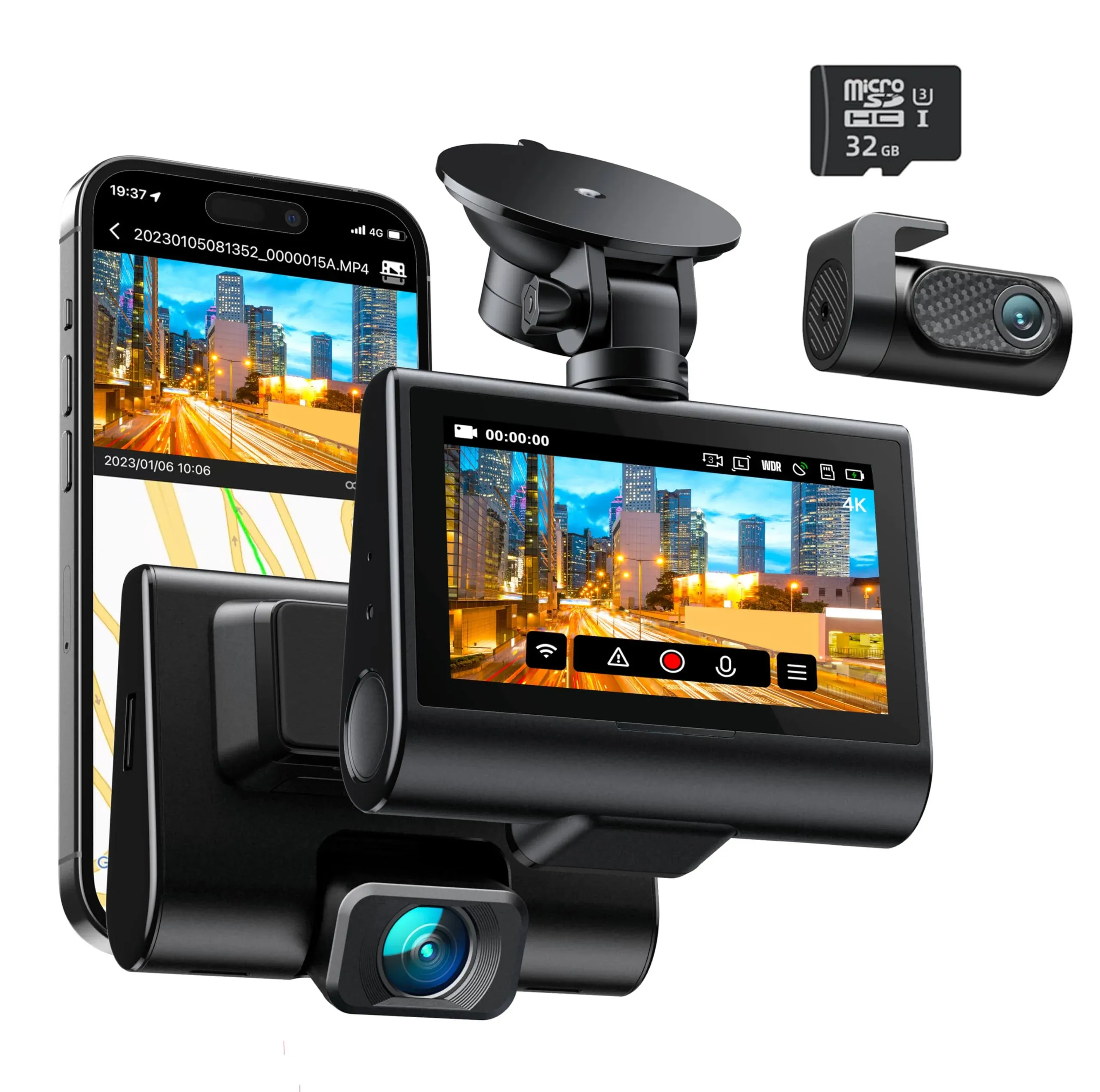 iZEEKER 4K + for dash Cam Front &amp; Rear Wi-Fi GPS, Real 4K+1080P Dual Das Black B