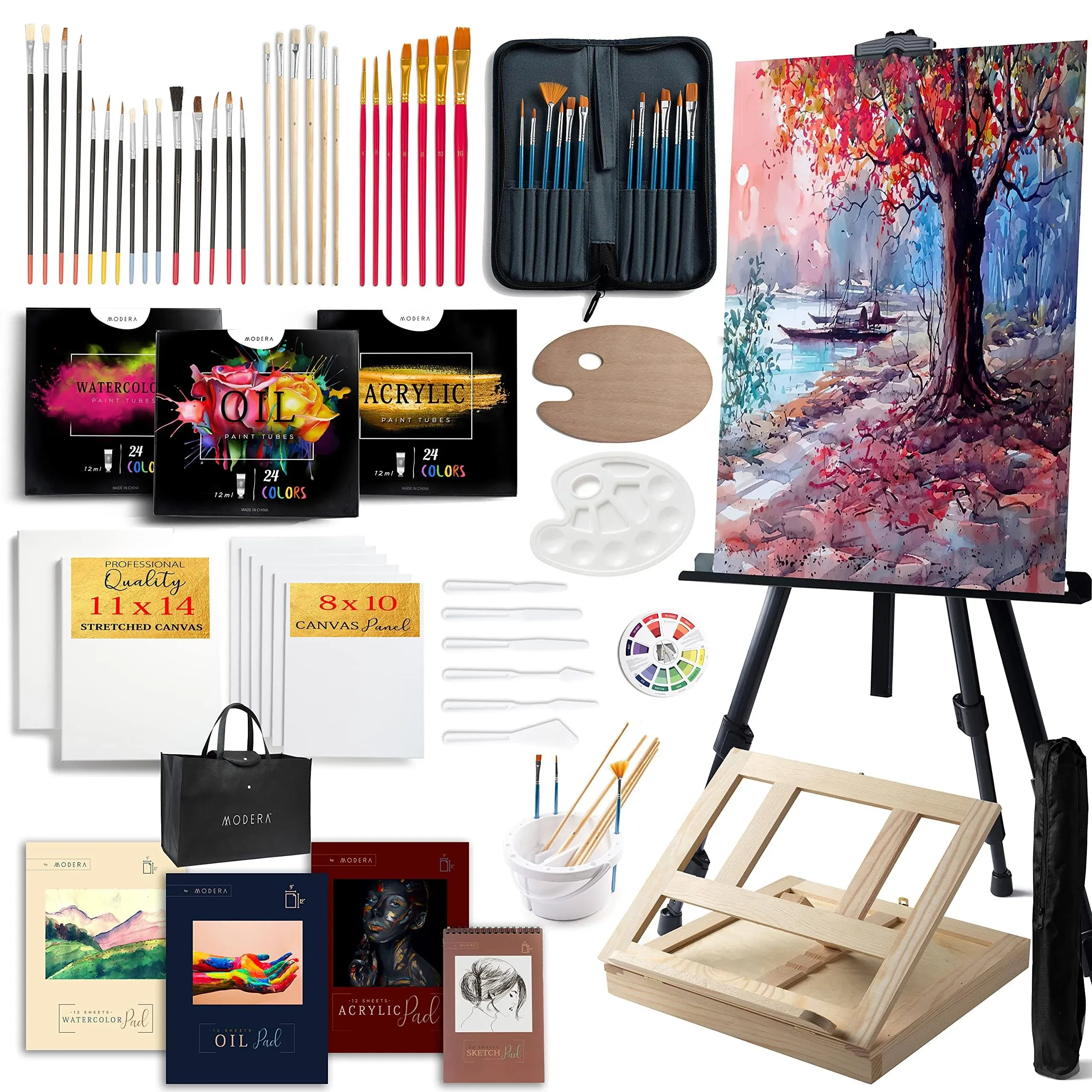 Large Deluxe Artist Painting Set, 139-Piece Professional Art Paint Supplies Kit w/Aluminum Field &amp; Wood Table Easel for Adults, Acrylic, Oil &amp;