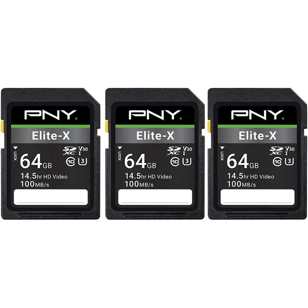 PNY 64gb Elite-X Class 10 U3 V30 SDXC Flash Memory Card 3-Pack - 100MB/s, Class 10, U3, V30, 4K Uhd, Full HD, Uhs-i, Full Size SD