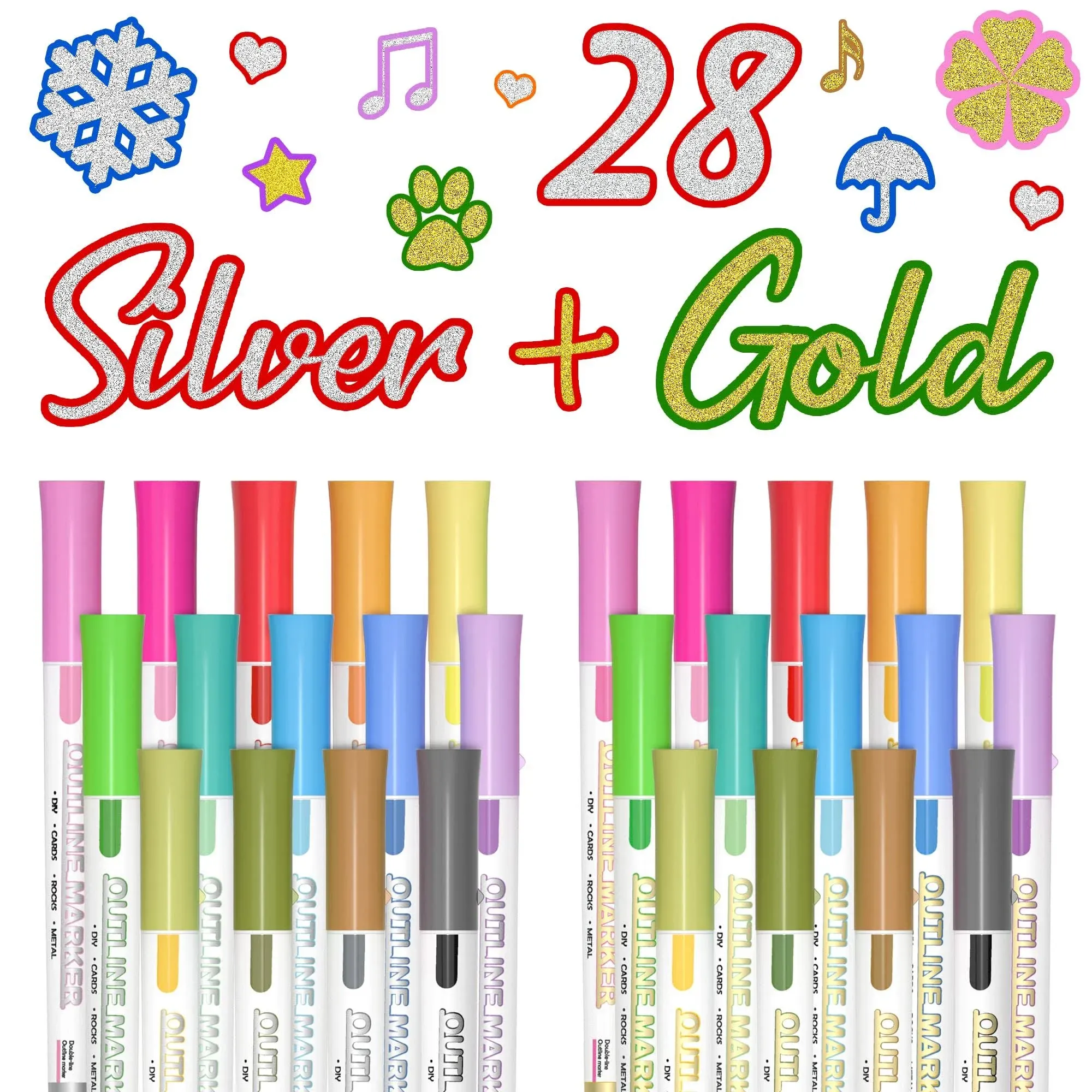 Shuttle Art 28 Pack Double Line Outline Markers, 14 Silver and 14 Gold Colors ...