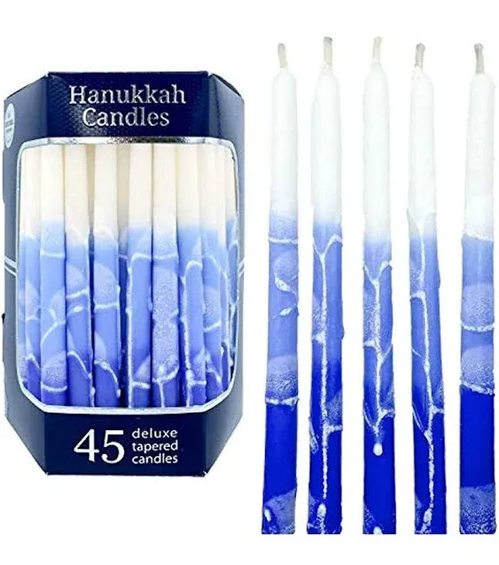 The Dreidel Company Dripless Premium Tapered Hand Decorated Multi Blue Frosted Hanukkah Candles - Premium Quality Wax -