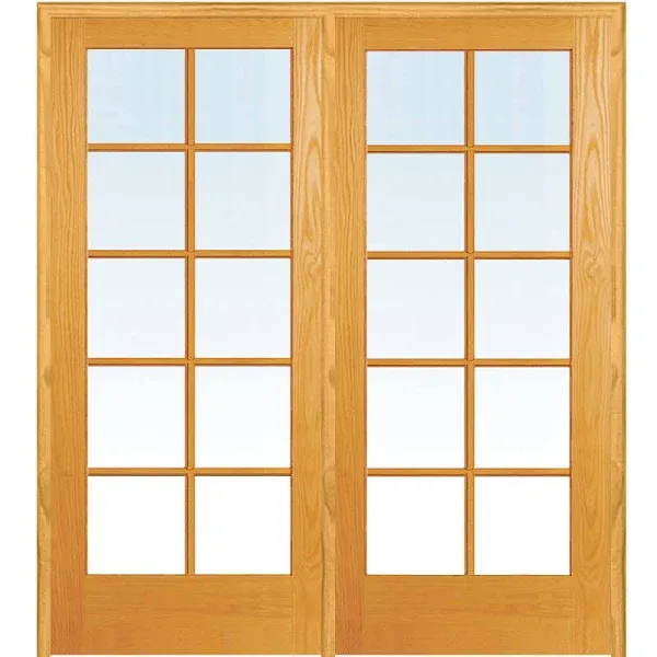 10-Lite True Divided Clear Glass Unfinished Pine Prehung Interior French Door ...