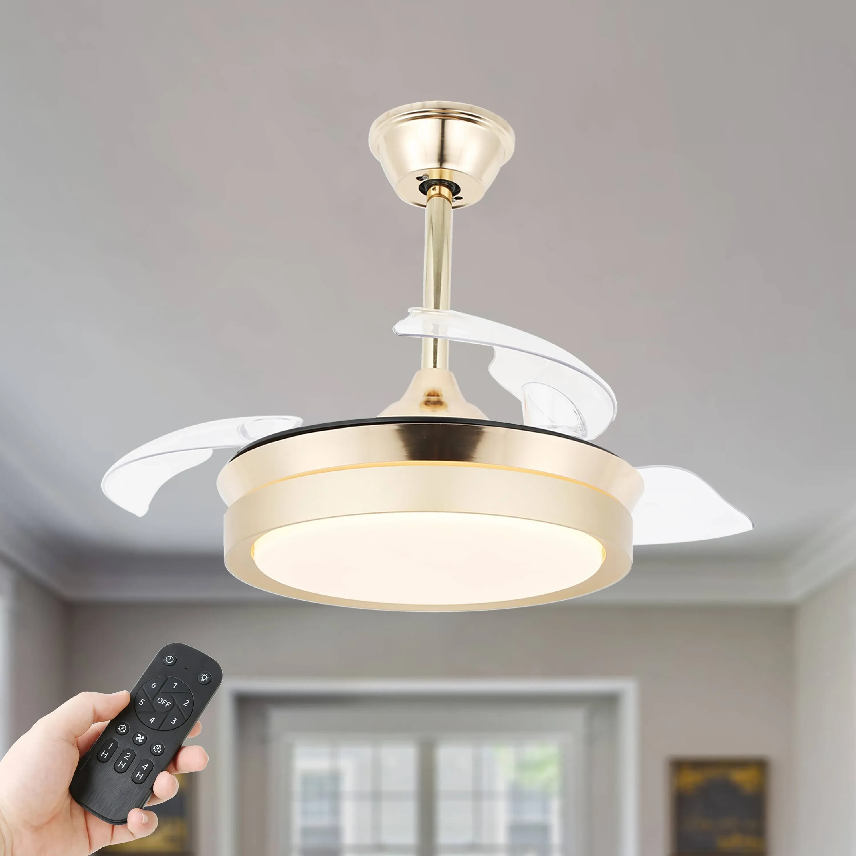 36 in. LED French Gold Retractable Ceiling Fan with Light Kit and Remote Control