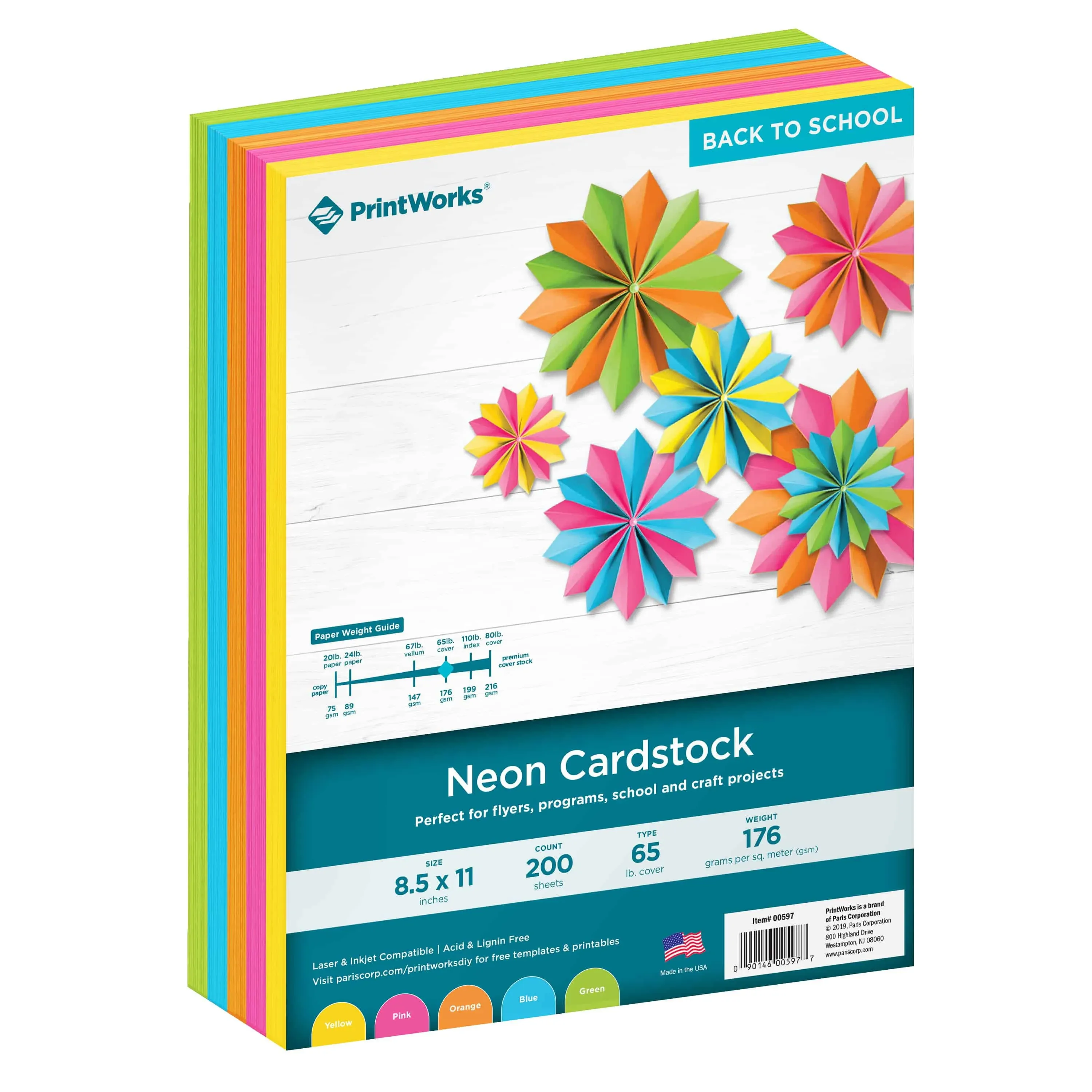 Printworks Neon Cardstock, 65 lb, 5 Assorted Florescent Colors, Perfect for School and Craft Projects, 200 Sheets, 8.5” x 11” (00597)