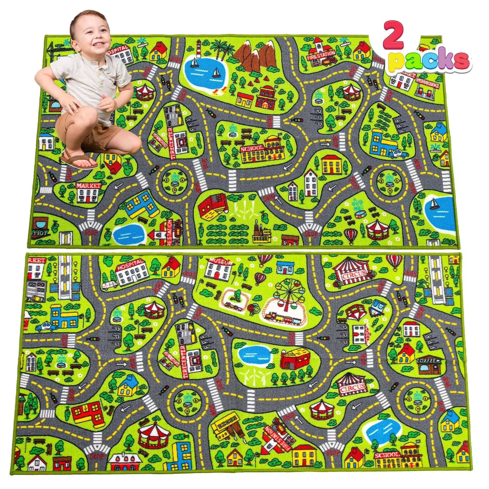  2 Pack Playmat City Life Carpet for Kids Age 3+, Jumbo Play Room Rug, City 