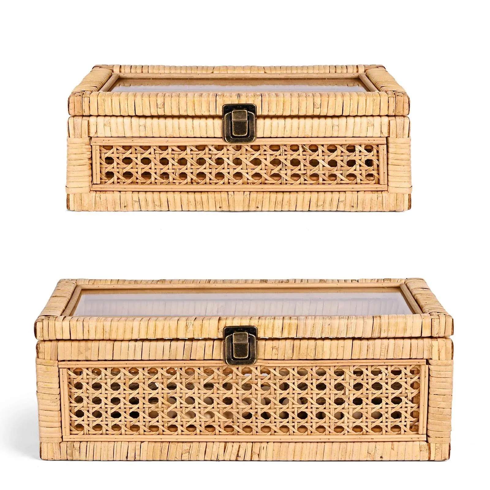 HUAXIN CRAFT H Rattan Decorative Box with Lid, Rectangular Woven with Glass f...