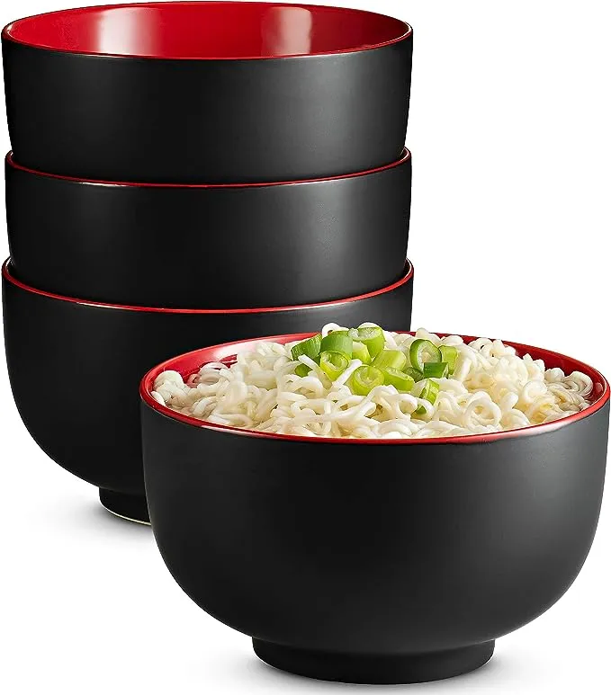 KooK Ramen Bowl, Japanese Bowls, Noodle Bowls, Large Soup Bowl, Ceramic, Large Capacity, For Ramen, Pho, Udon, Soba, Microwave and Dishwasher Safe, 34 oz, Set of 4 (Black/Red)