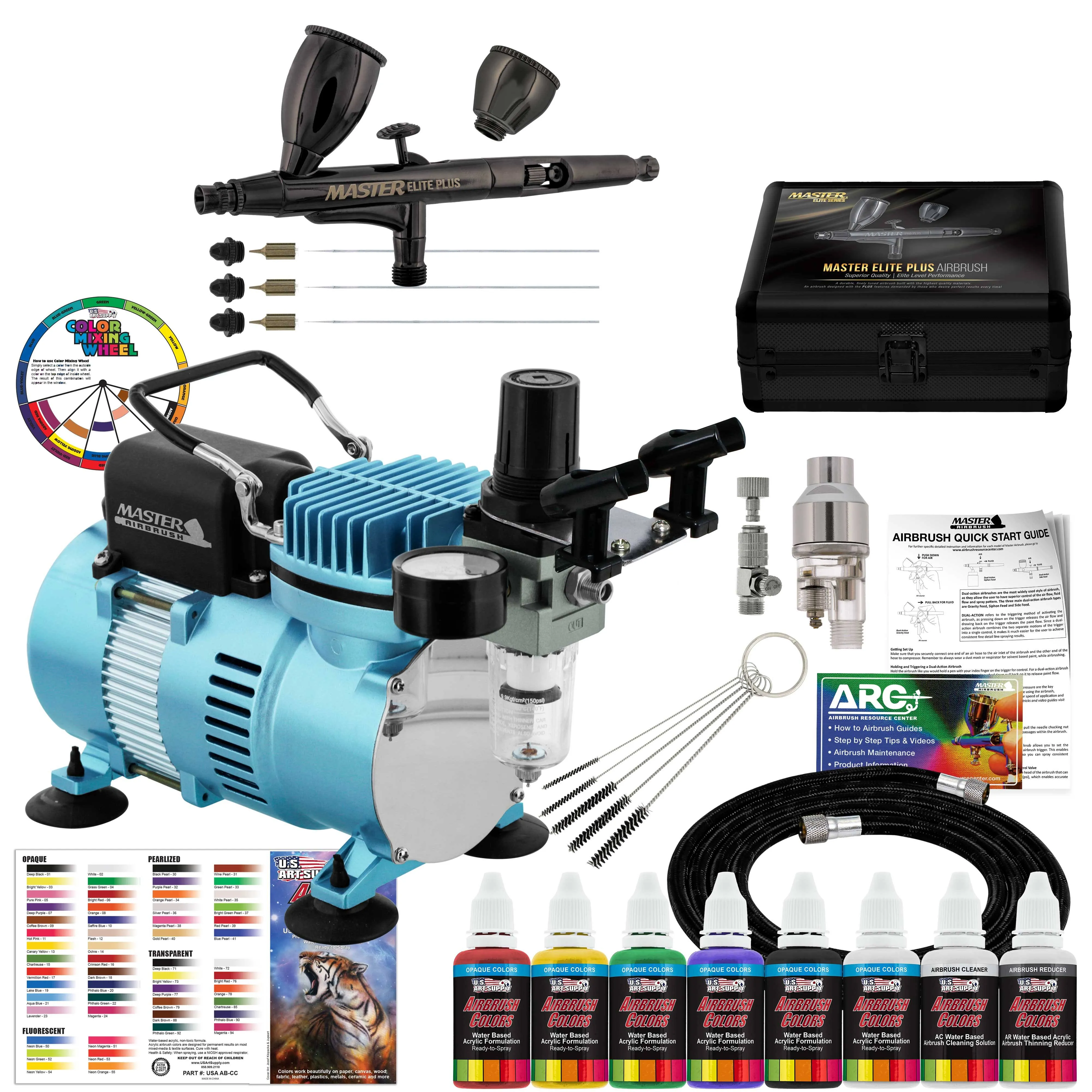 Master Airbrush PRO-120 Ultimate System &amp; Air Compressor and Airbrush Paint Set