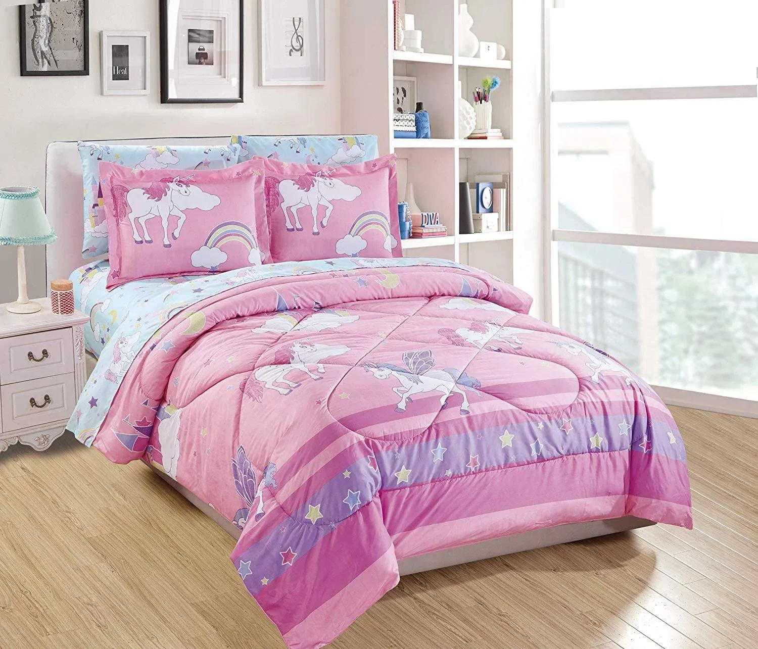 Multicolor Purple Pink White Blue Unicorn Rainbow Castle Design 7 Piece Comforte