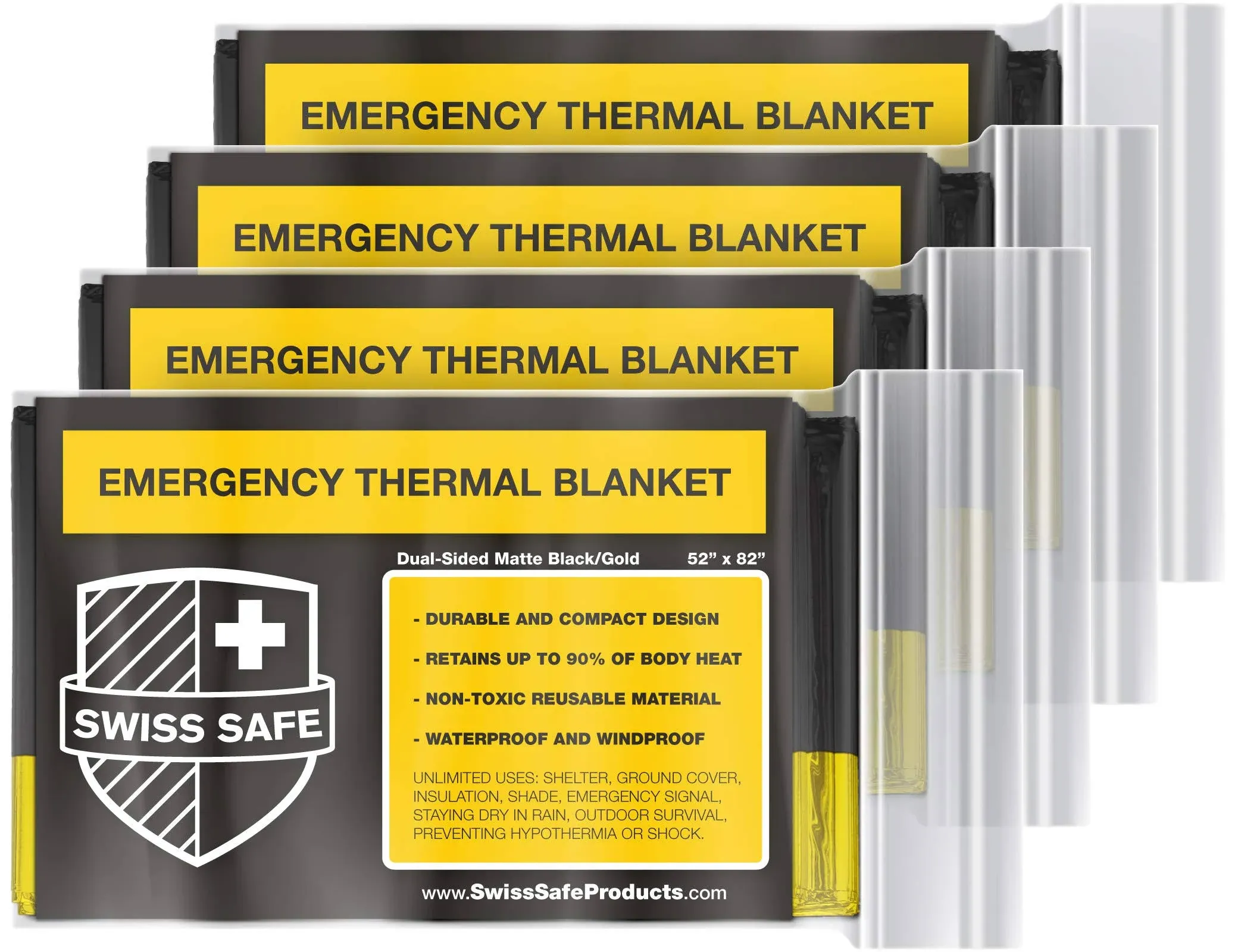 Swiss Safe Emergency Mylar Thermal Blankets (4-Pack) + Bonus Signature Gold Foil Space Blanket: Designed for Nasa, Outdoors, Hiking, Survival, Marathons or First