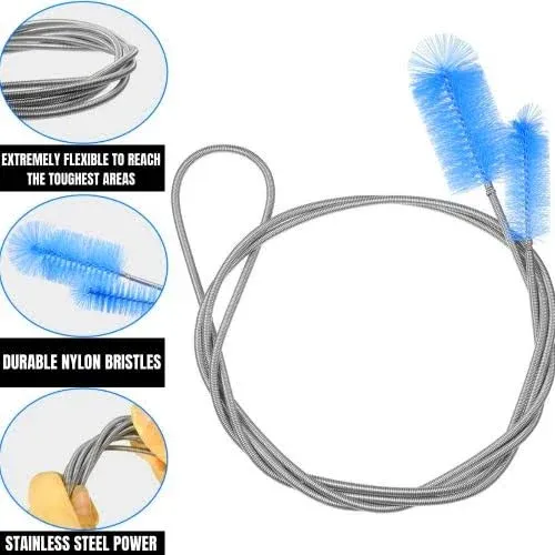 Flexible Drain Cleaner Brush (72" Long) for Clogs, Drains, Bottles, Pipes, Bathtub, Shower, Kitchen and Bathroom Sink, Heavy-Duty Double Ended Nylon with Elastic Hose and 2 Tube Brushes, Purple