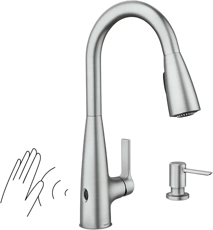 Moen Haelyn Chrome Touchless Single-Handle Pull-Down Sprayer Kitchen Faucet with Soap Dispenser, Features Power Clean for a Faster Wash, 87627EWC