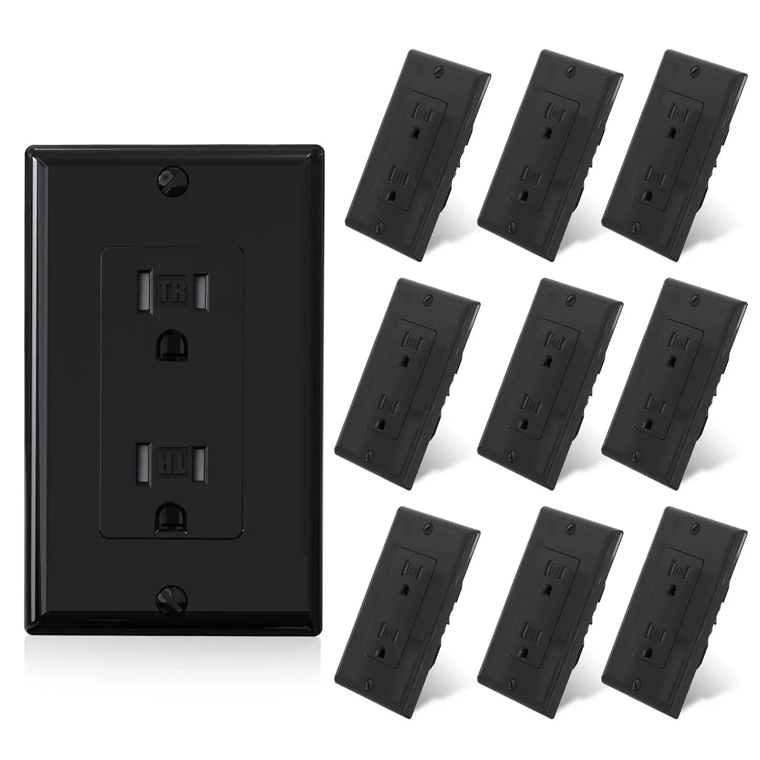 ELEGRP Decorator Wall Receptacle Outlet, Tamper Resistant 15 Amp Standard Electrical Wall Outlet, Residential Grade, Self-grounding, 125V, Wall Plate Included, UL Listed, Glossy Black, 10 Pack