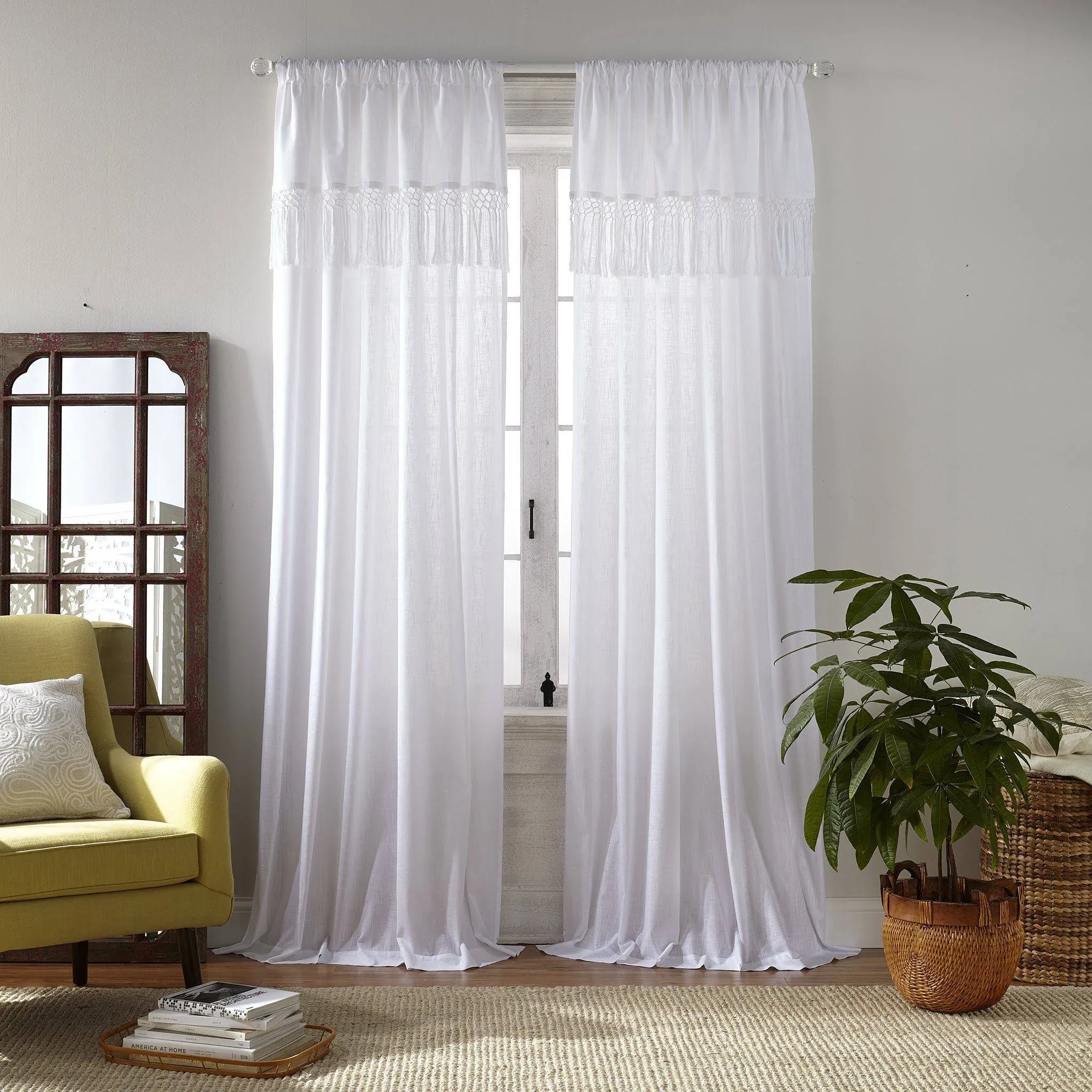 Elrene Calypso 52" x 84" Macrame Tassel Semi-Sheer Curtain Panel, White