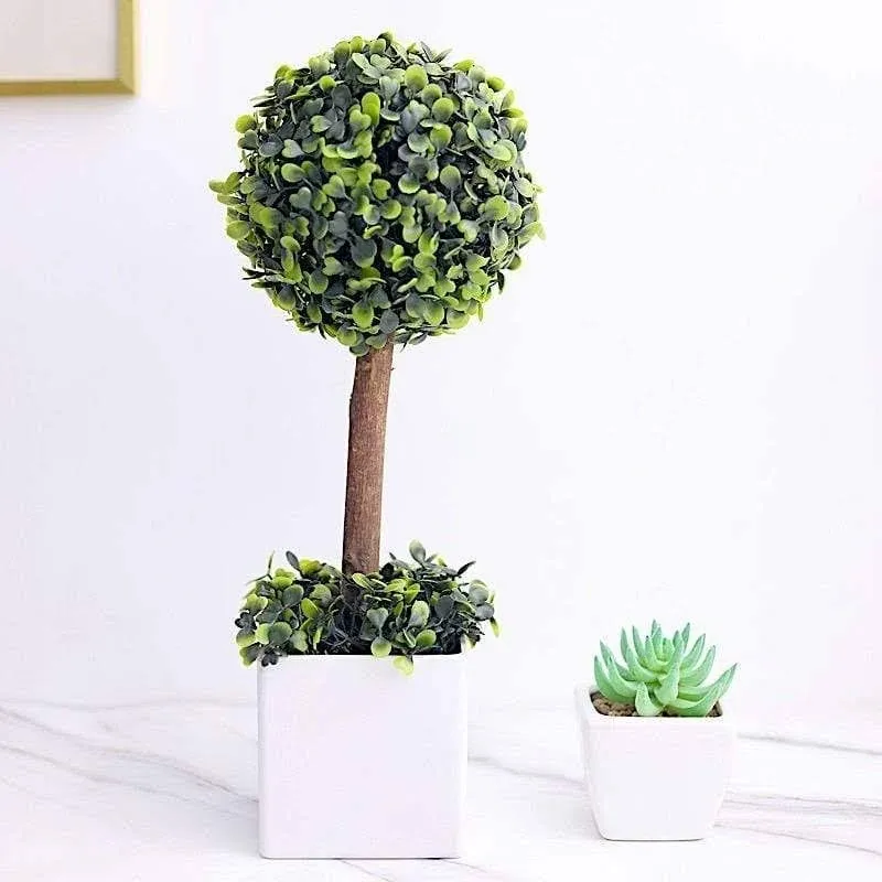 Green Artificial Boxwood Topiary Ball Tree In White Planter Pot 16"