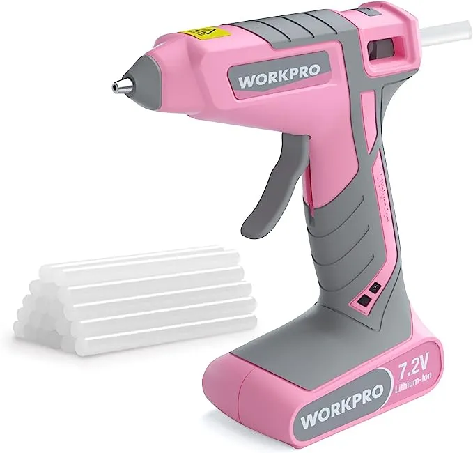 WORKPRO Pink Cordless Hot Melt Glue Gun, 7.2V Rechargeable Fast Preheating Glue Gun Kit with 20 Pc Premium Mini Glue Stick, Automatic-Power-Off Glue Gun for Art, Craft, Decoration