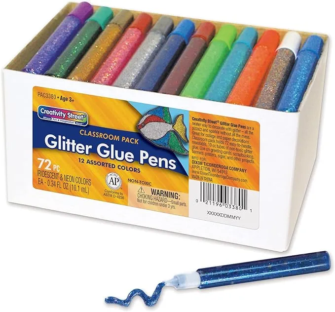 Creativity Street Glitter Glue Pens, Classroom Pack, Assorted Iridescent & Neon Colors, 0.34 fl. oz., 72 Pens