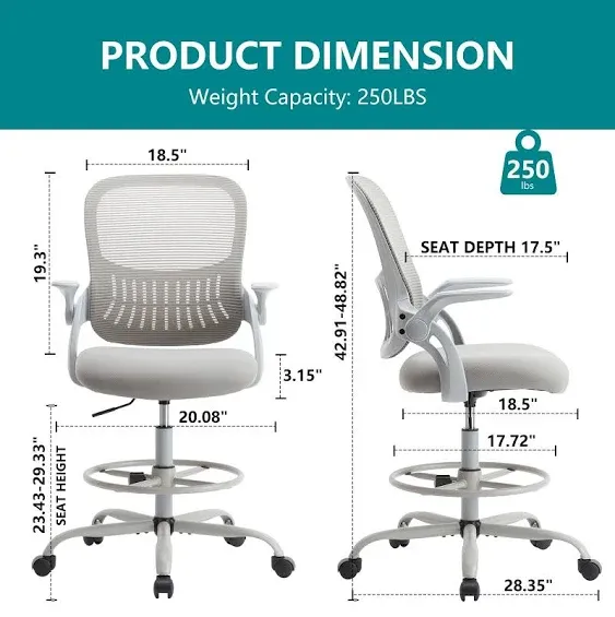 Smug Drafting Chair, Tall Office Chair Tall Standing Desk Chair Counter Height Adjustable Office Chair with Flip-Up Arms, Mid Back Mesh Office Draftin