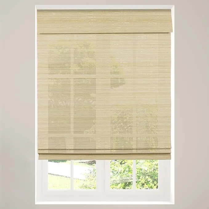 CALYX INTERIORS Cordless Bamboo Roman Shade Blind, Light Filtering, 35" W x 64" H, Ceylon Natural, Neutral and Yellow Wood Tones. Limited Privacy