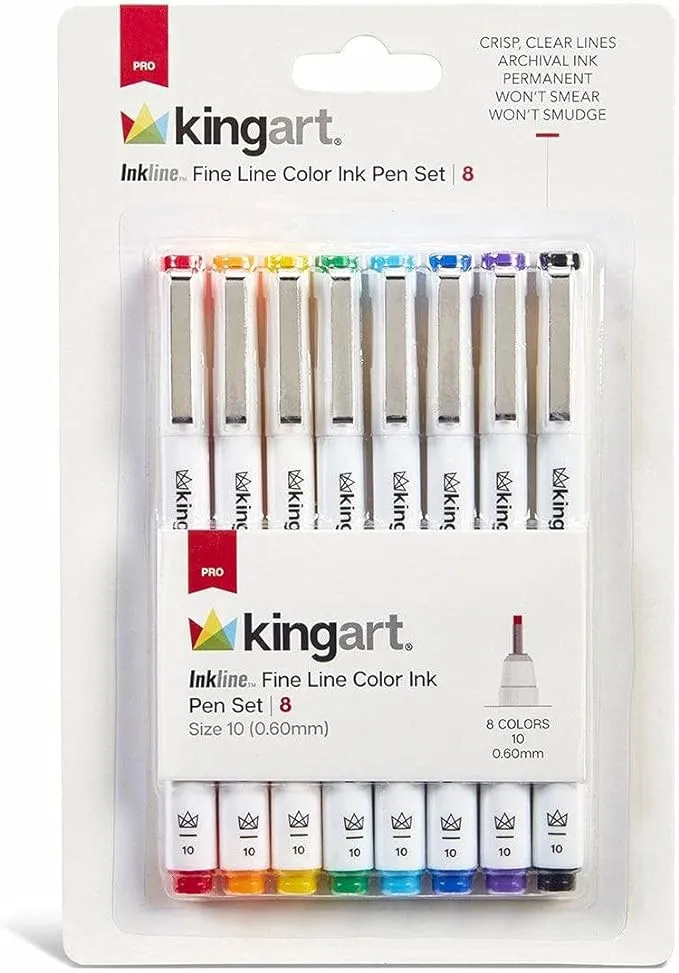 KINGART 433-8 PRO Inkline Color Micro Line & Precision Graphic Pens, 8 COLORS Size 08 (0.60mm) Nibs, Archival Waterproof Japanese Ink for Art, Illustration, Lettering, Anime, Technical Drawing, Manga